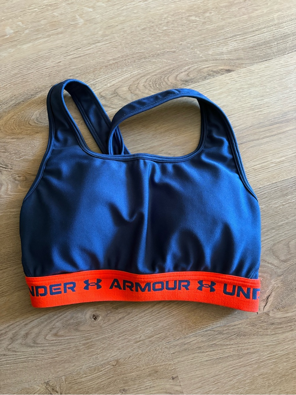 Under Armour Navy Sports Bra with Bright Orange Logo Band